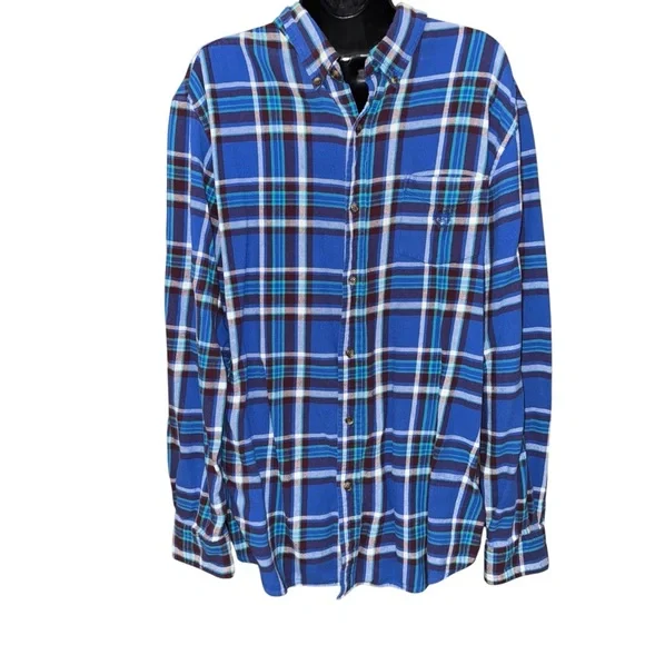 Chaps Men’s Blue Plaid Brushed Flannel Shirt XL Button Front Cotton Logo - Picture 2 of 6
